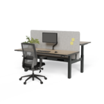 EDE-B2B-187 - 1800x750 Back to Back Desks Square leg with bracket and with arm and cable tray Black Frame, Black Top with Wild Oak trim vers 2 copy