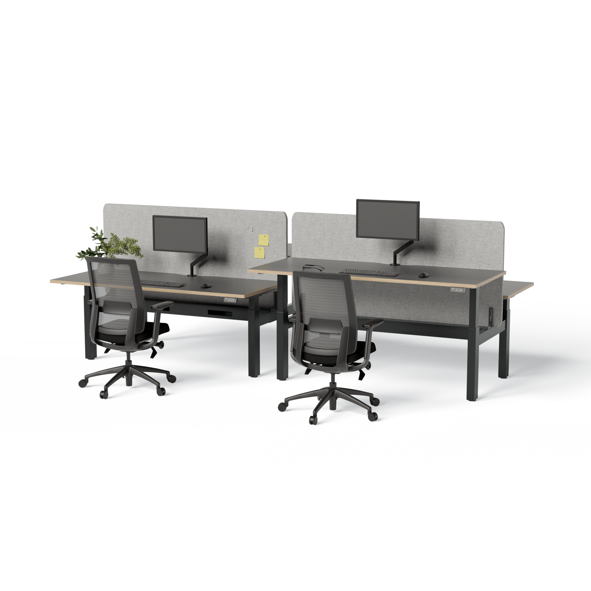 EDE-B2B-187 - 1800x750 Back to Back Desks Square leg with bracket and with arm and cable tray Black Frame, Black Top with Wild Oak trim