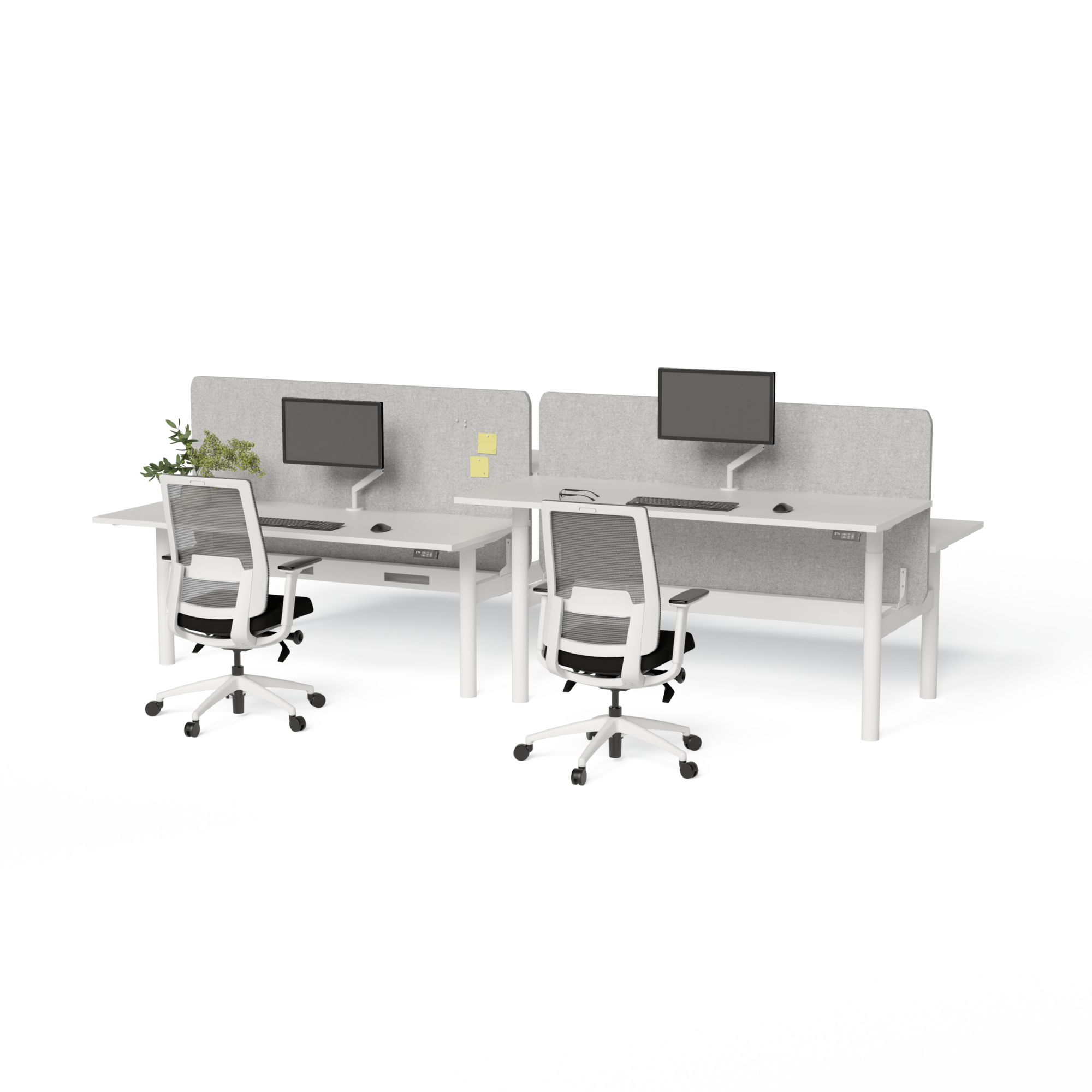 EDR-B2B-187 - 1800x750 Back to Back Desks Round leg with bracket and with arm and cable tray White Frame, White Tops 2