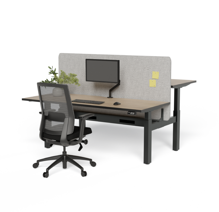 ECO-B2B-187 - 1800x750 Back to Back Height Adjustable Desks Square leg with bracket and with arm and cable tray Black Frame, Black Top with Wild Oak trim vers 2 copy